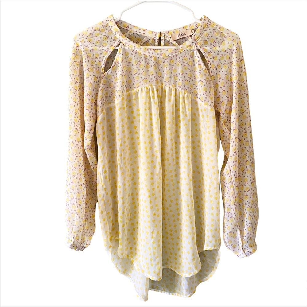 Elodie White Yellow Sheer Floral Flowers Flowy Long Sleeve Blouse Top Shirt